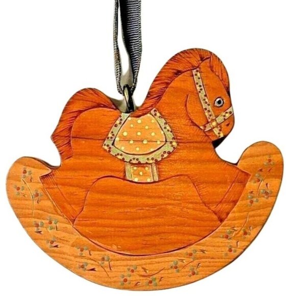 Handcrafted Wooden Rocking Horse Ornament With Ribbon Hanger - Picture 1 of 6